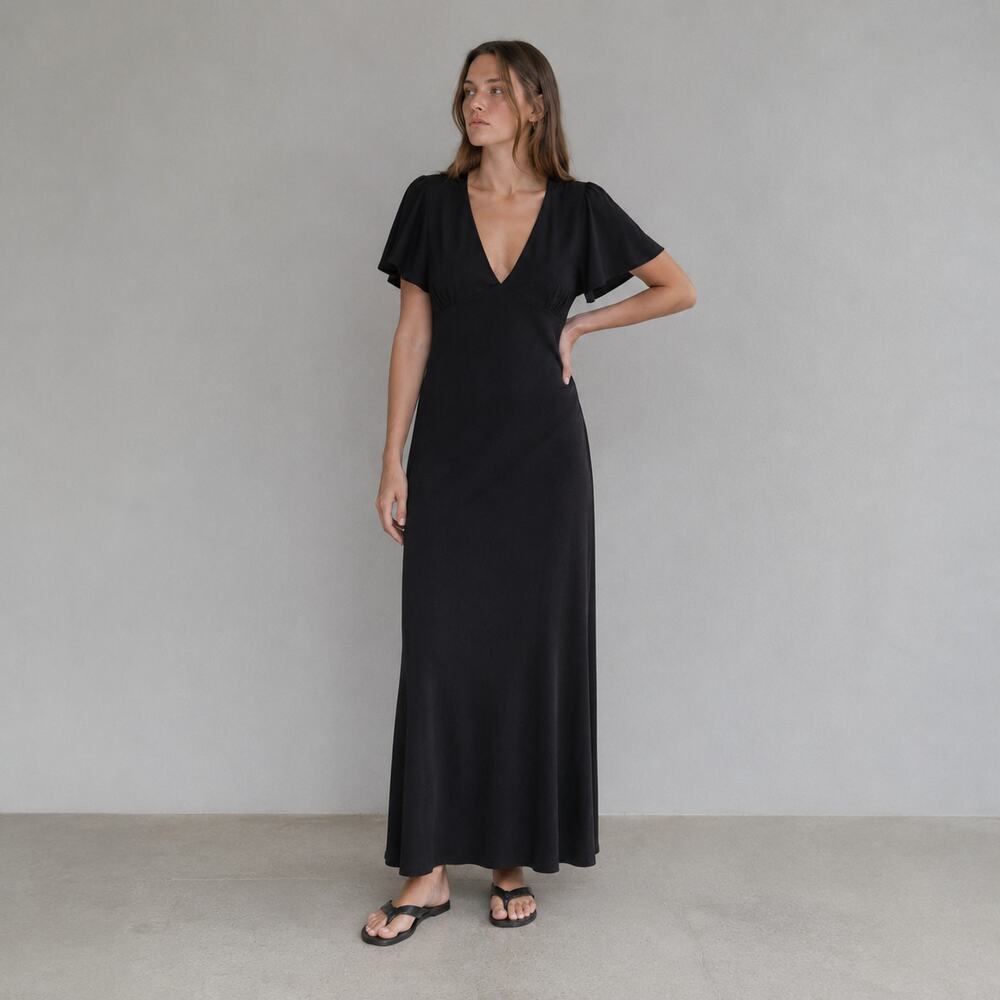 Matteau Short Sleeve Bias Dress Womens 3/US6 Black 100% Silk Midi Maxi
